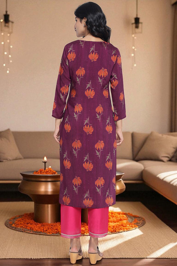 Wine Printed Crepe Straight Kurta