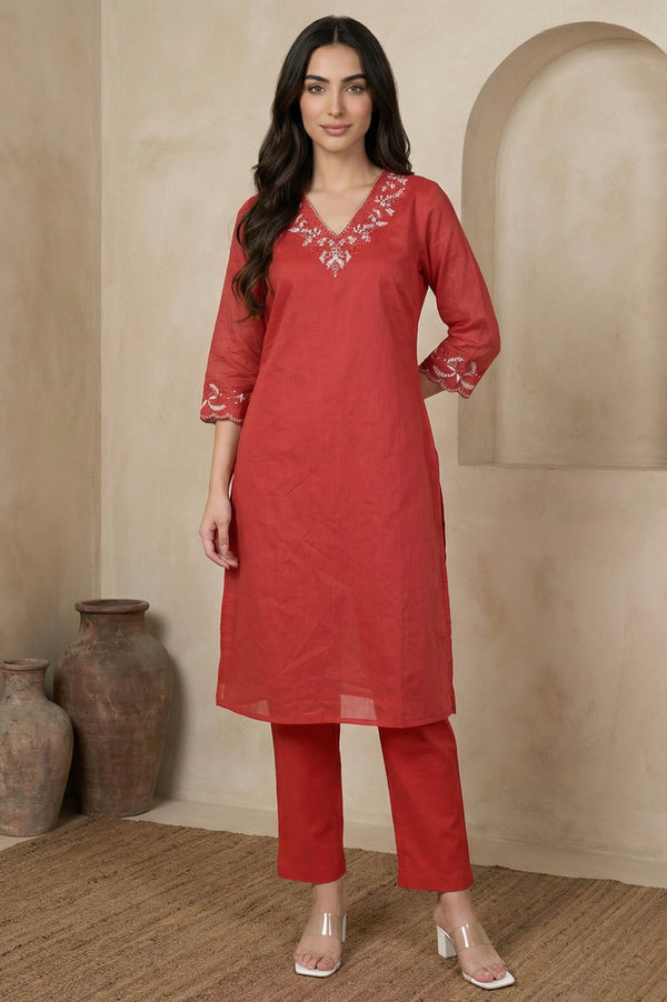 Red Thread Embroidered Straight Chanderi Kurta