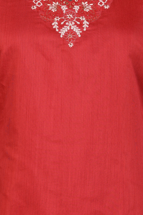 Red Thread Embroidered Straight Chanderi Kurta