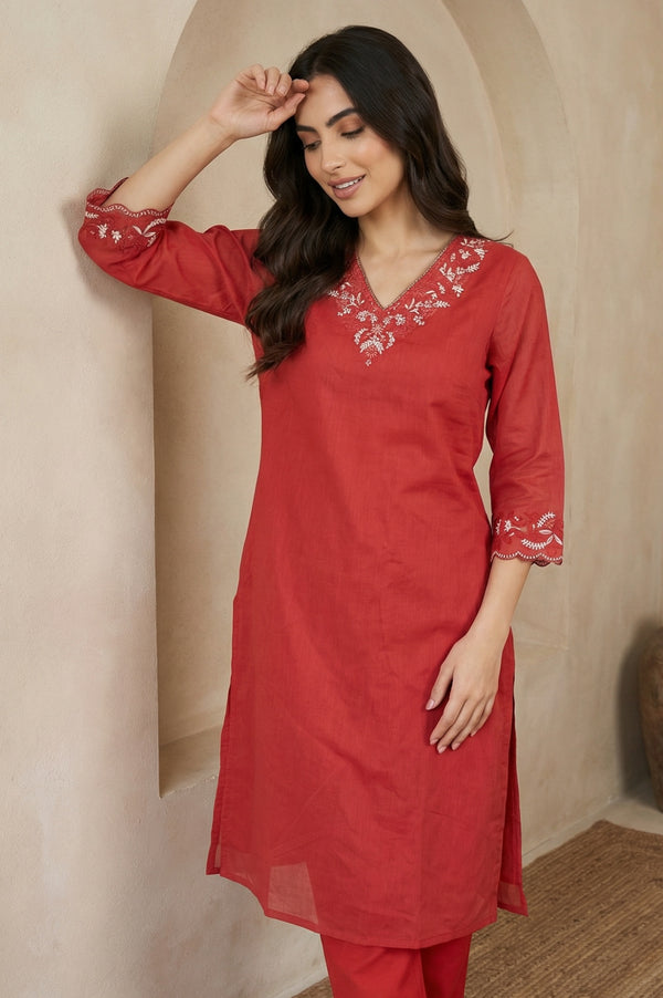 Red Thread Embroidered Straight Chanderi Kurta