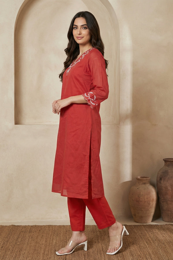 Red Thread Embroidered Straight Chanderi Kurta