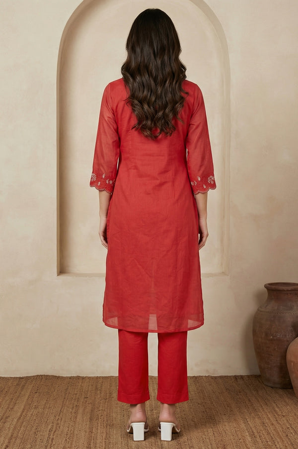 Red Thread Embroidered Straight Chanderi Kurta