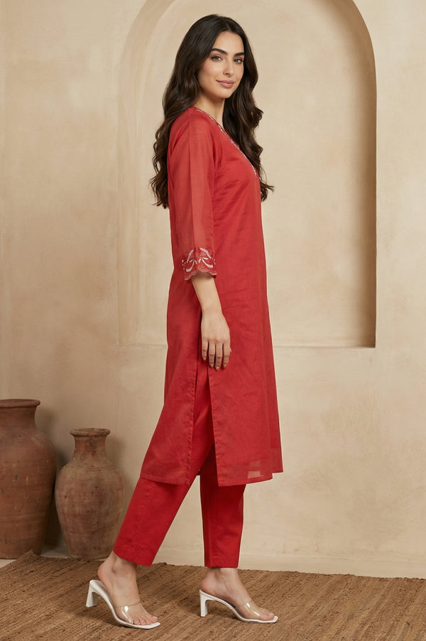 Red Thread Embroidered Straight Chanderi Kurta