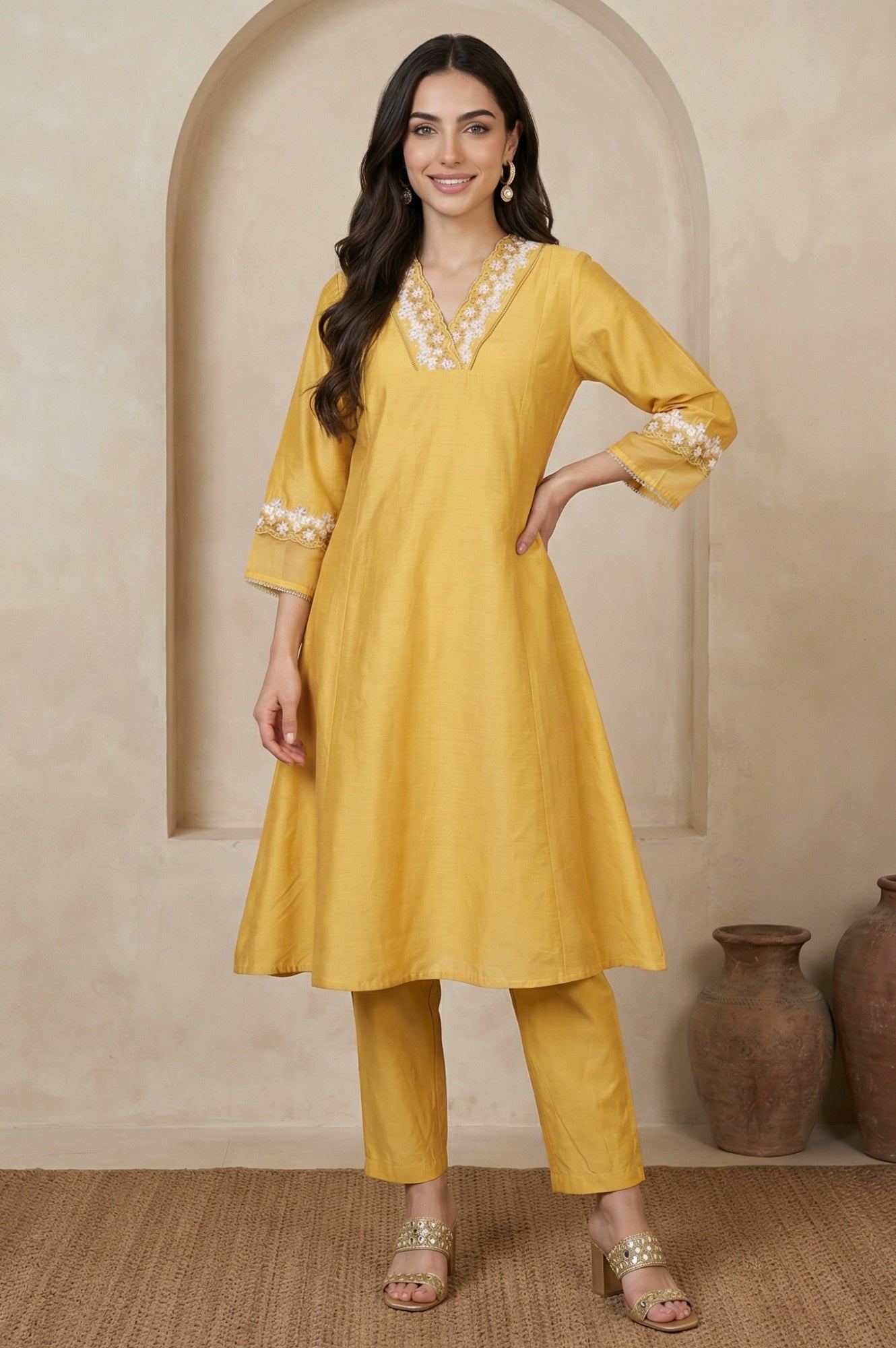 Yellow Thread Embroidered A-line Kurta