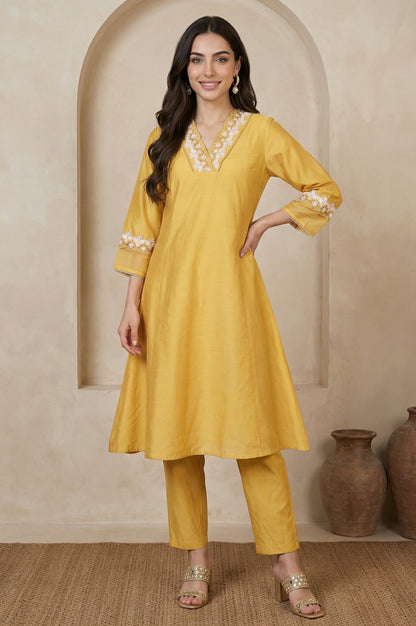 Yellow Thread Embroidered A-line Kurta