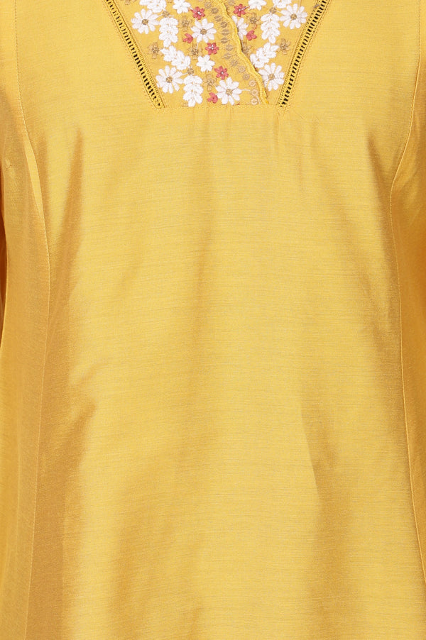 Yellow Thread Embroidered A-line Kurta