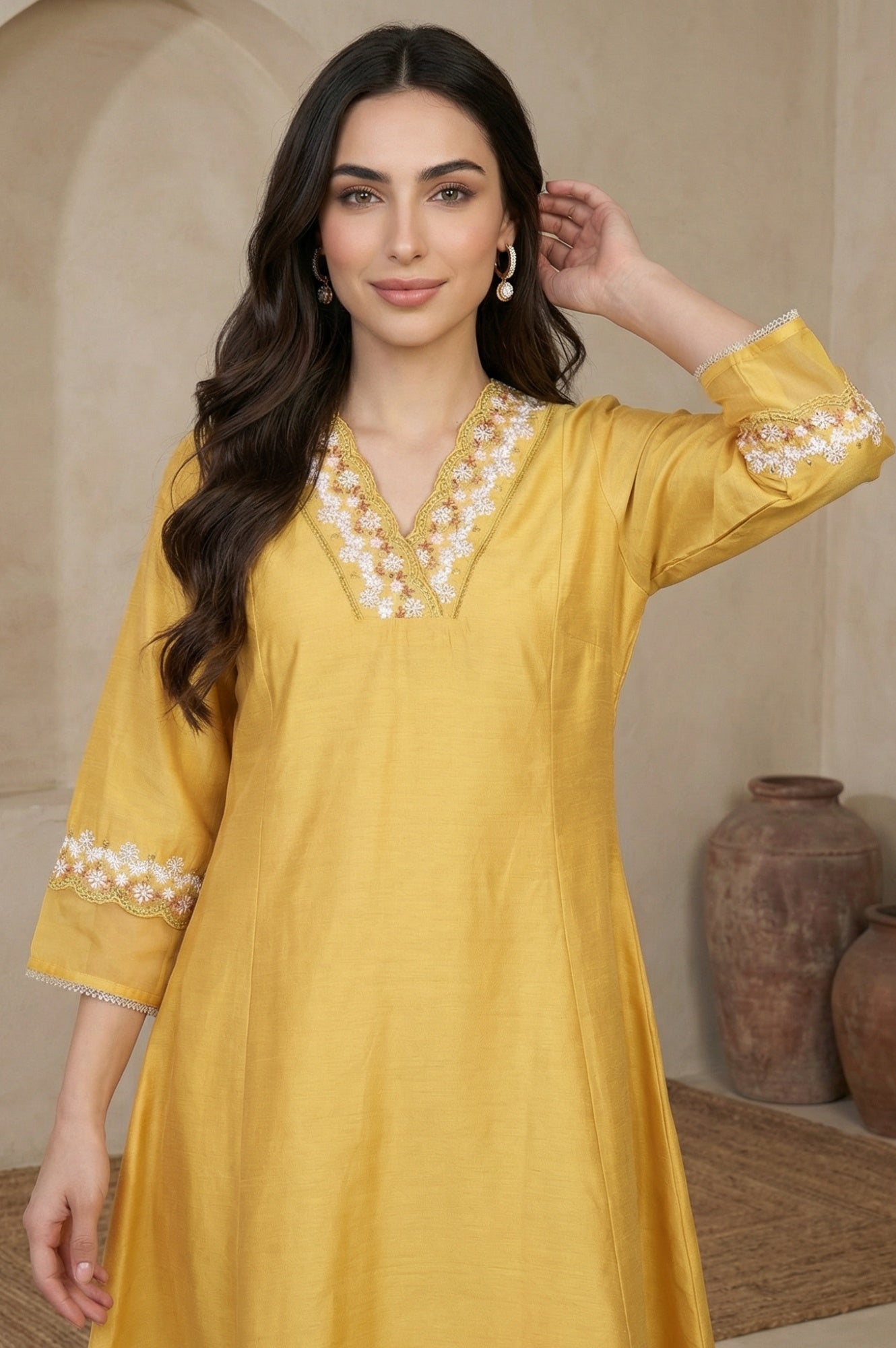 Yellow Thread Embroidered A-line Kurta