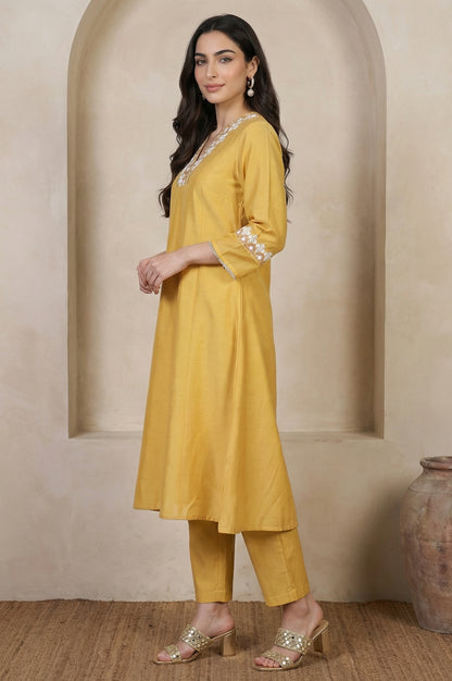 Yellow Thread Embroidered A-line Kurta