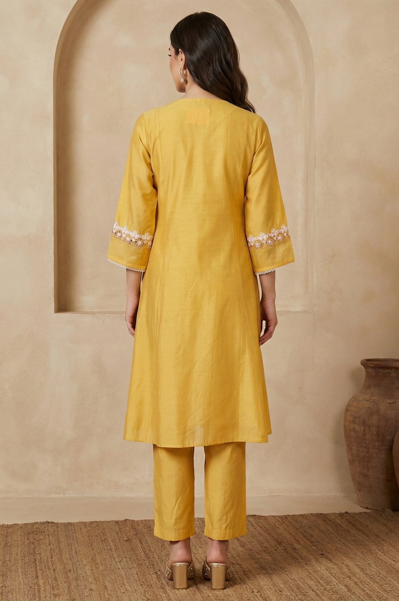 Yellow Thread Embroidered A-line Kurta
