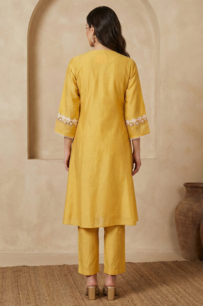 Yellow Thread Embroidered A-line Kurta