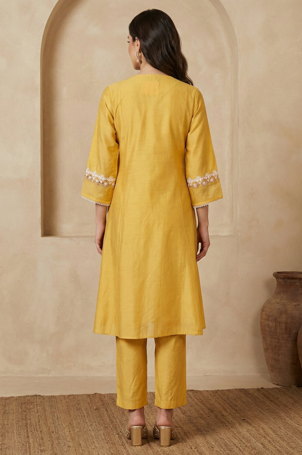 Yellow Thread Embroidered A-line Kurta