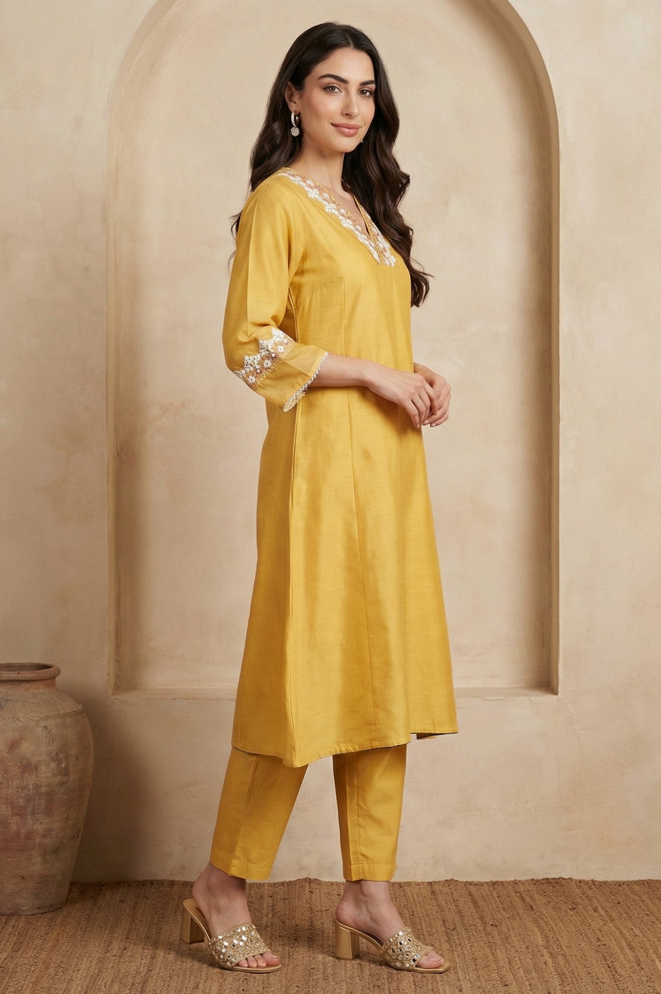 Yellow Thread Embroidered A-line Kurta