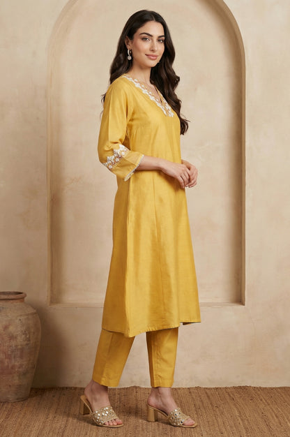 Yellow Thread Embroidered A-line Kurta