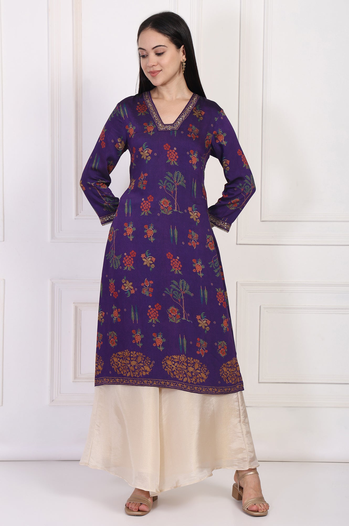 Purple Floral Embroidered Straight Rayon Kurta