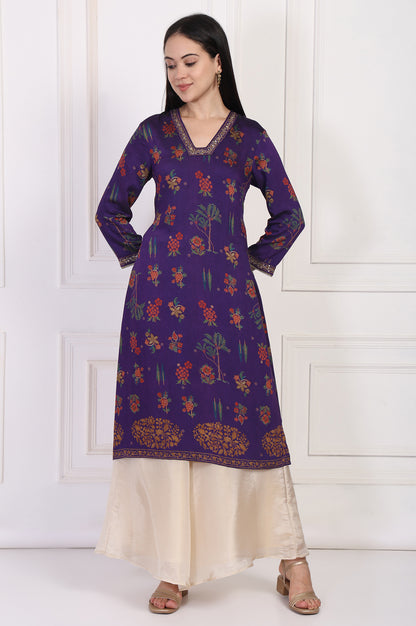 Purple Floral Embroidered Straight Rayon Kurta