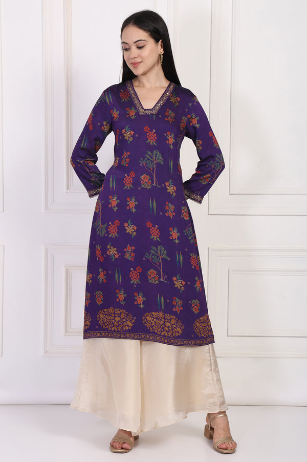 Purple Floral Embroidered Straight Rayon Kurta