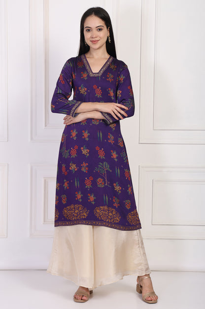 Purple Floral Embroidered Straight Rayon Kurta