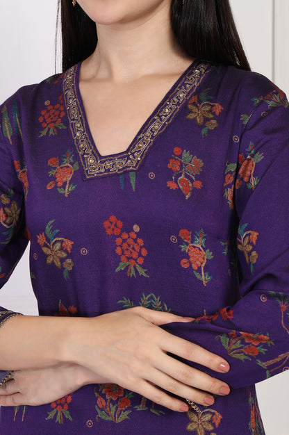 Purple Floral Embroidered Straight Rayon Kurta