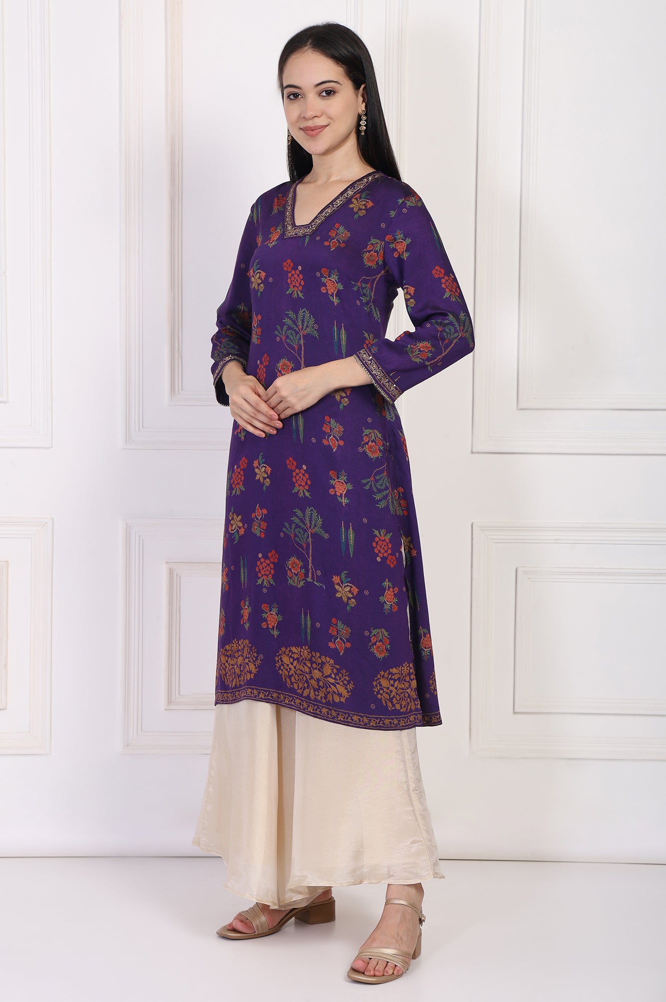 Purple Floral Embroidered Straight Rayon Kurta