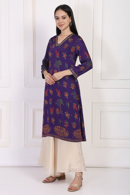 Purple Floral Embroidered Straight Rayon Kurta