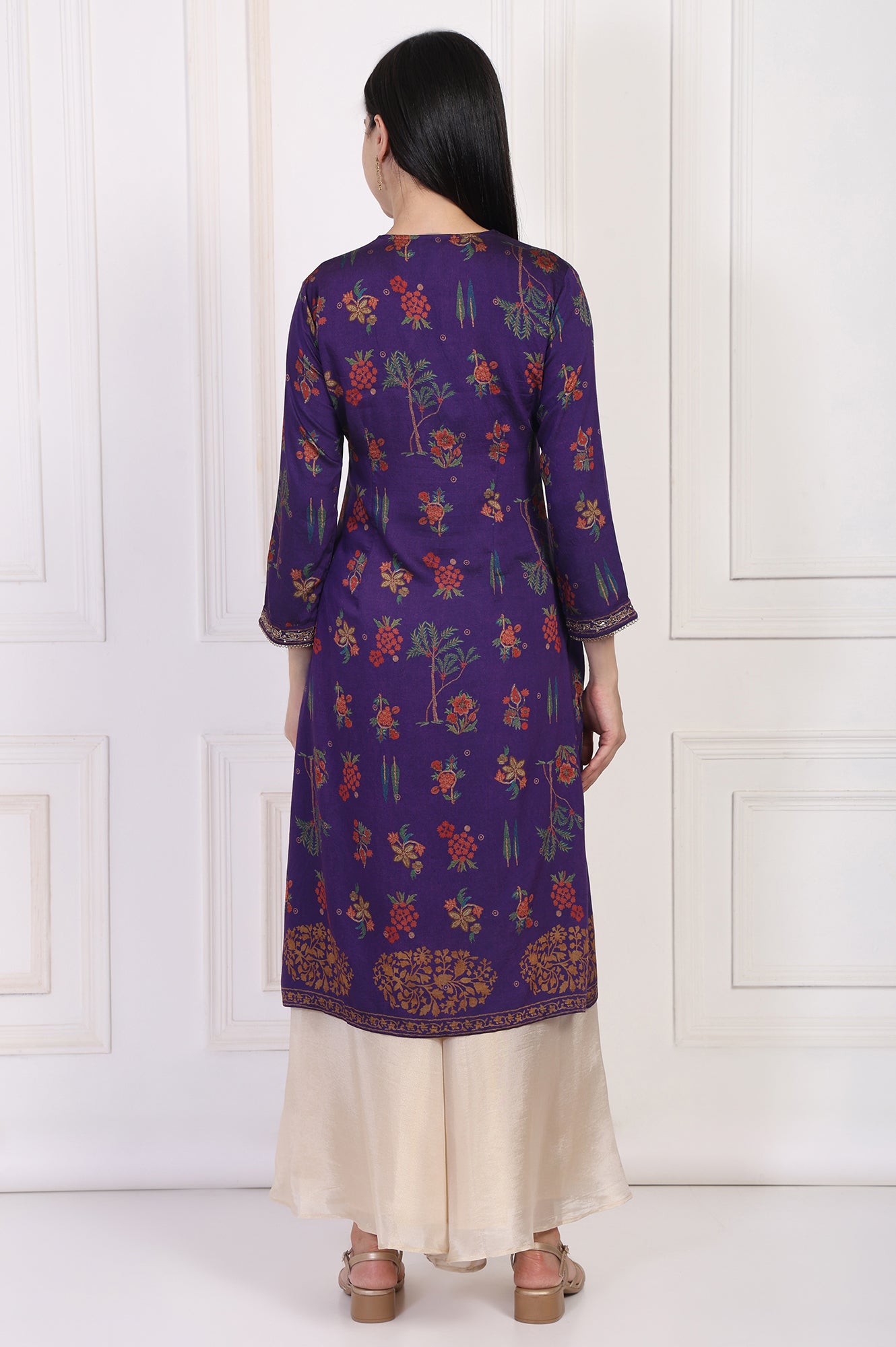 Purple Floral Embroidered Straight Rayon Kurta