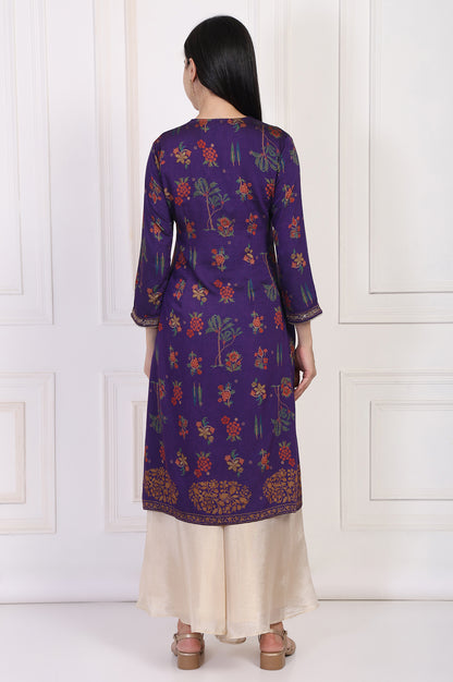 Purple Floral Embroidered Straight Rayon Kurta