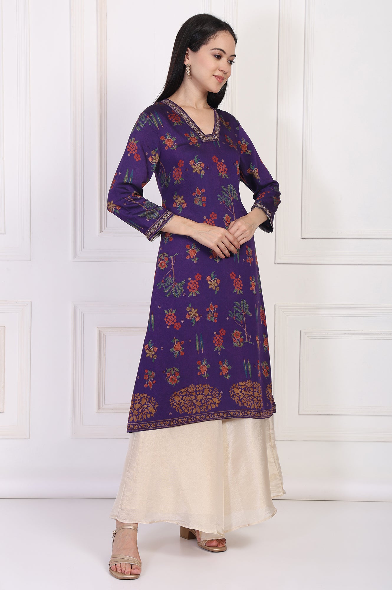 Purple Floral Embroidered Straight Rayon Kurta