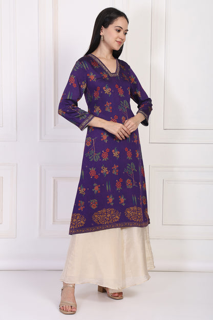 Purple Floral Embroidered Straight Rayon Kurta
