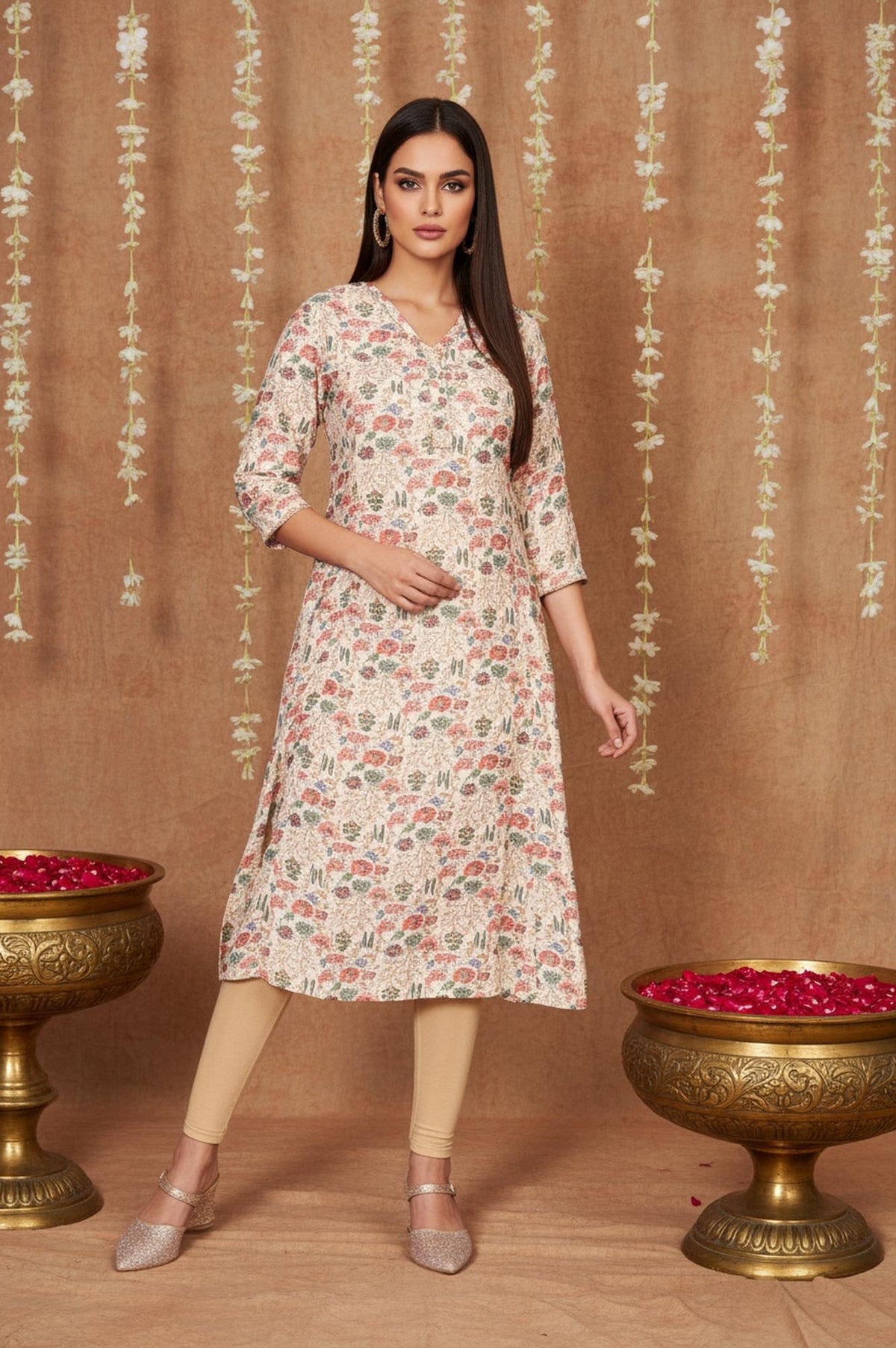 Beige Floral Print Straight Muslin Shimmer Kurta - XS