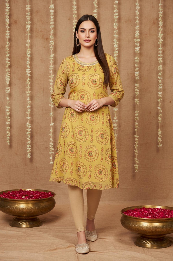 Yellow Floral Thread Work A-Line Chiffon Kurta