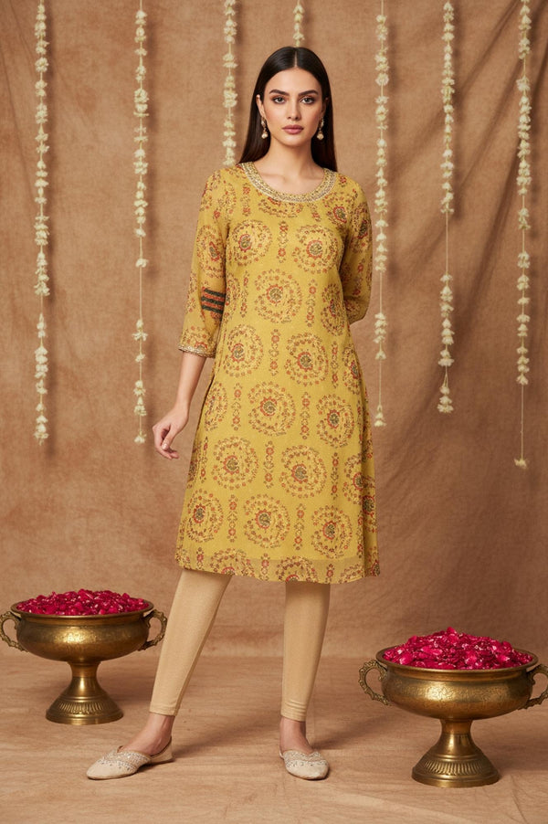 Yellow Floral Thread Work A-Line Chiffon Kurta