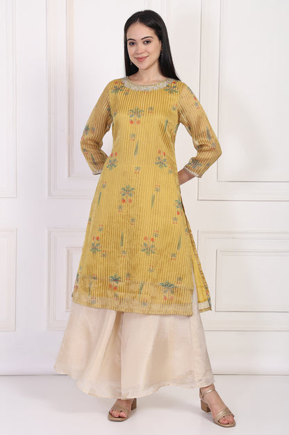 Mustard Striped Floral Printed Embroidered A-Line Kurta