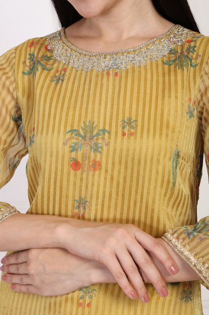 Mustard Striped Floral Printed Embroidered A-Line Kurta