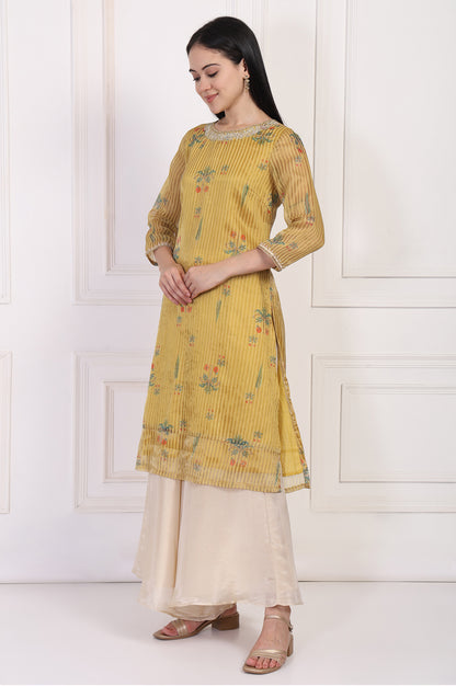 Mustard Striped Floral Printed Embroidered A-Line Kurta