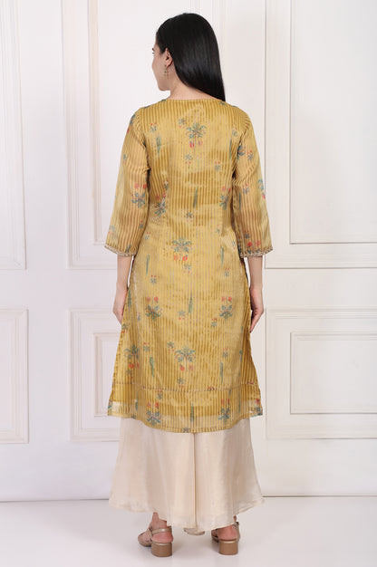 Mustard Striped Floral Printed Embroidered A-Line Kurta