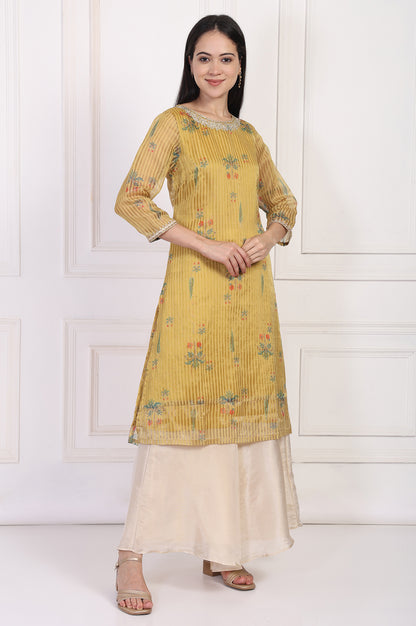 Mustard Striped Floral Printed Embroidered A-Line Kurta