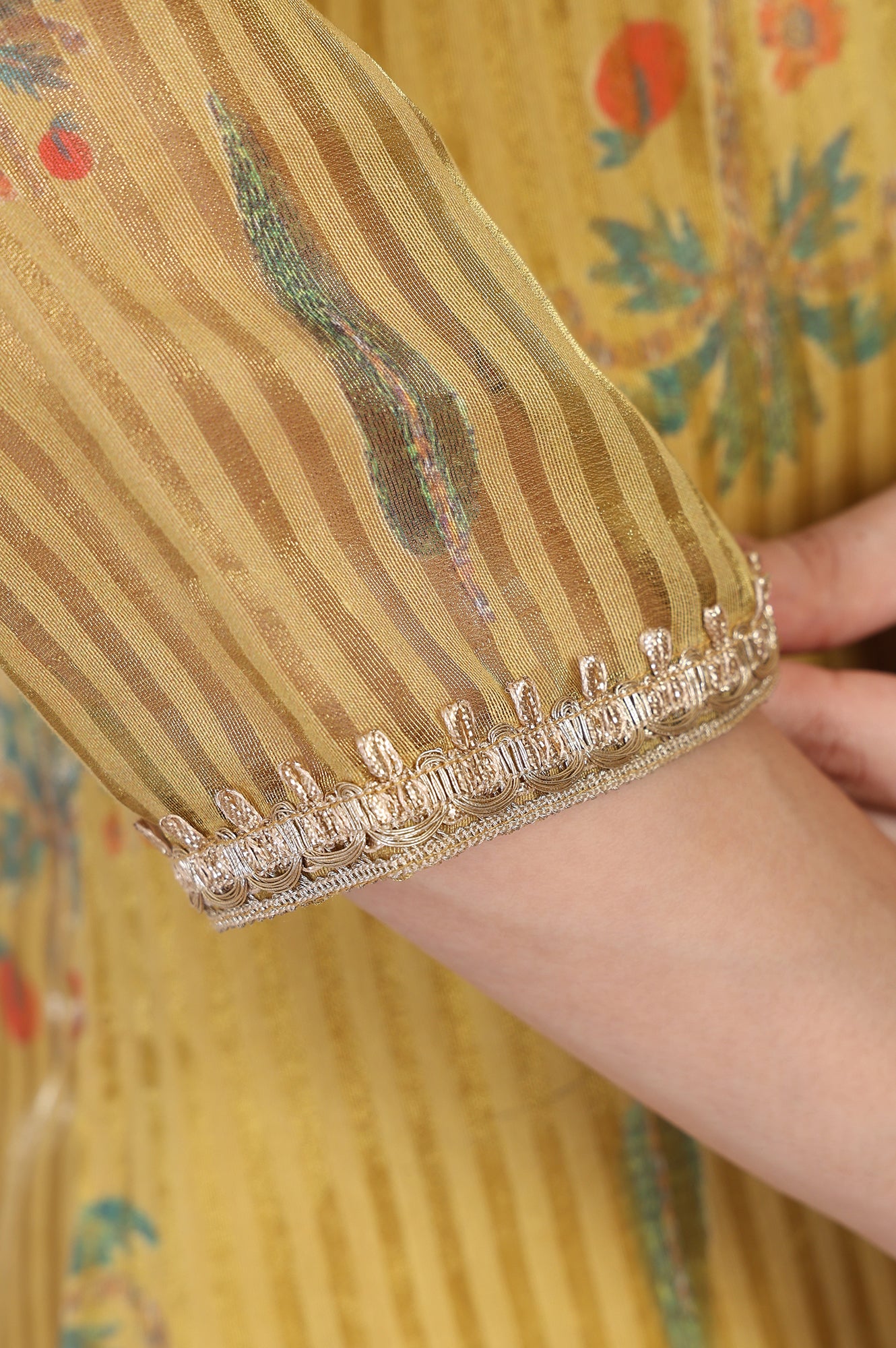 Mustard Striped Floral Printed Embroidered A-Line Kurta