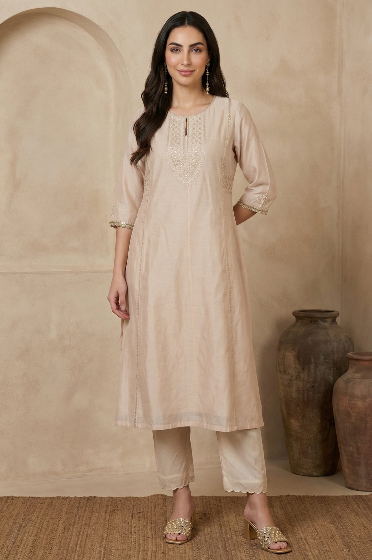 Beige Embroidered Chanderi Straight Kurta - S