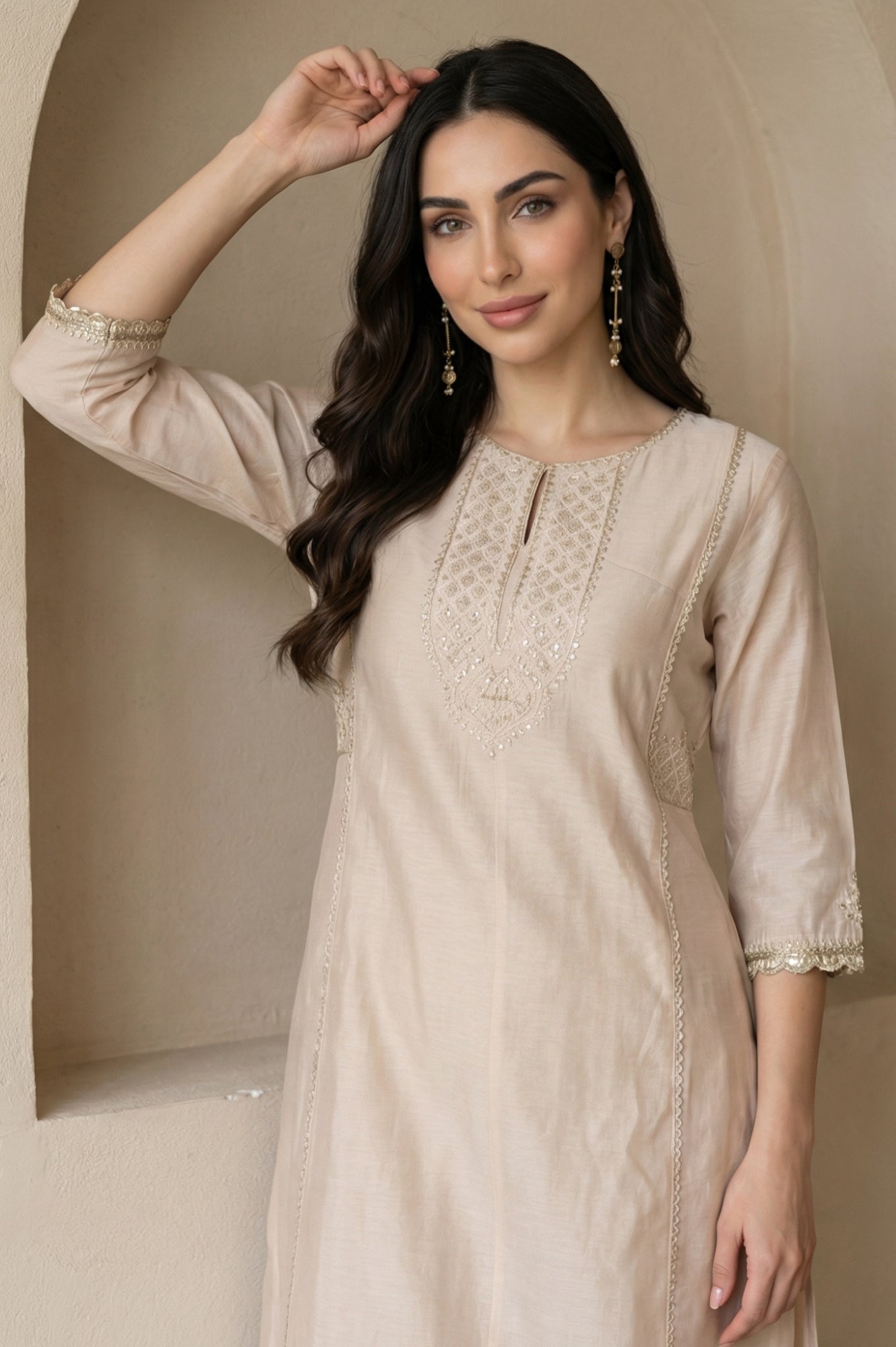 Beige Embroidered Chanderi Straight Kurta