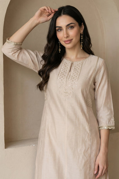 Beige Embroidered Chanderi Straight Kurta
