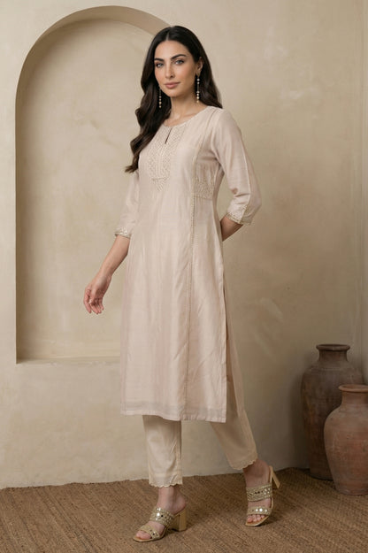 Beige Embroidered Chanderi Straight Kurta
