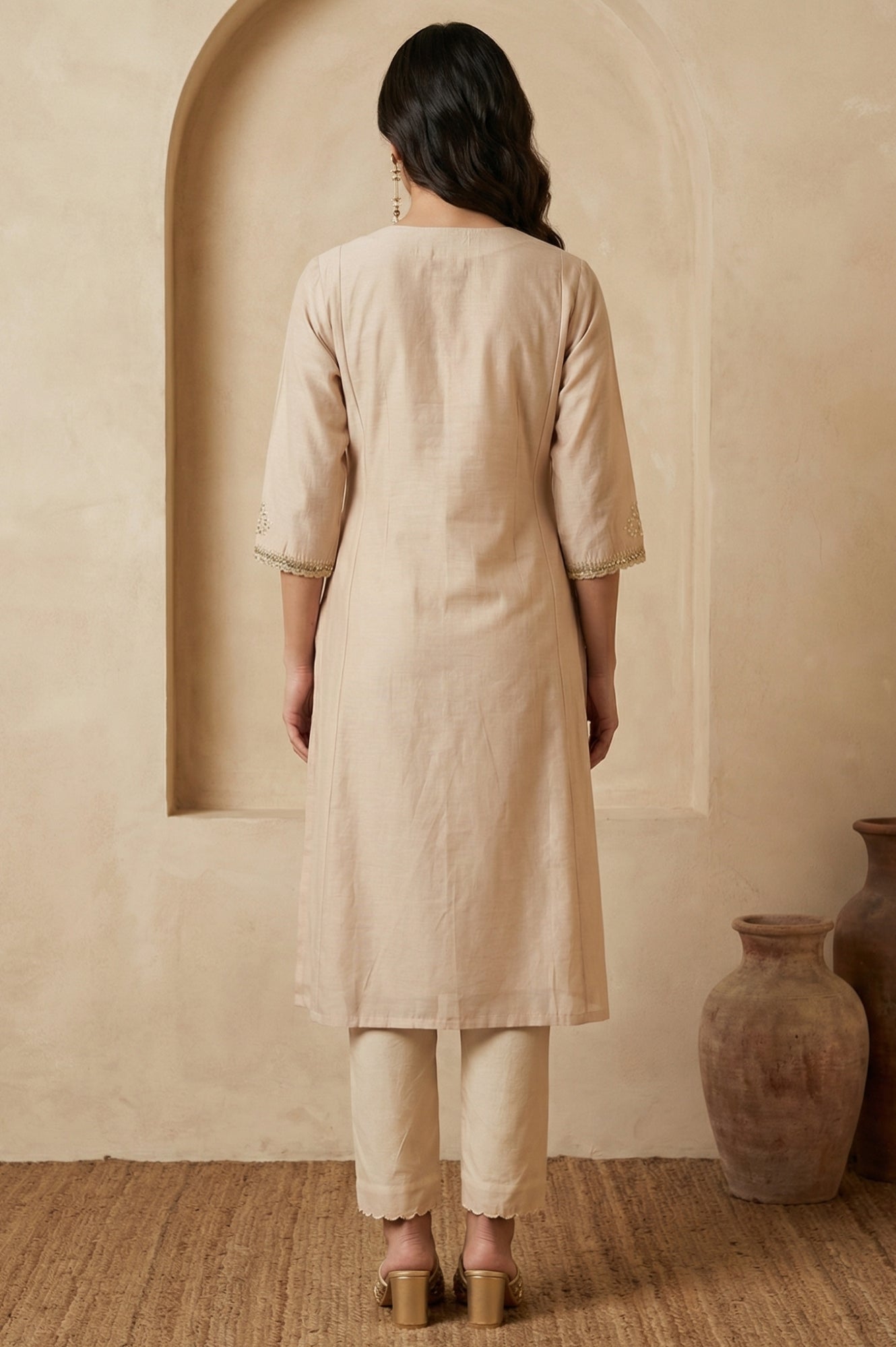 Beige Embroidered Chanderi Straight Kurta