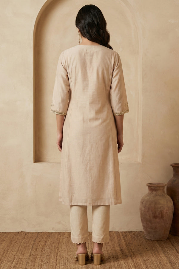 Beige Embroidered Chanderi Straight Kurta