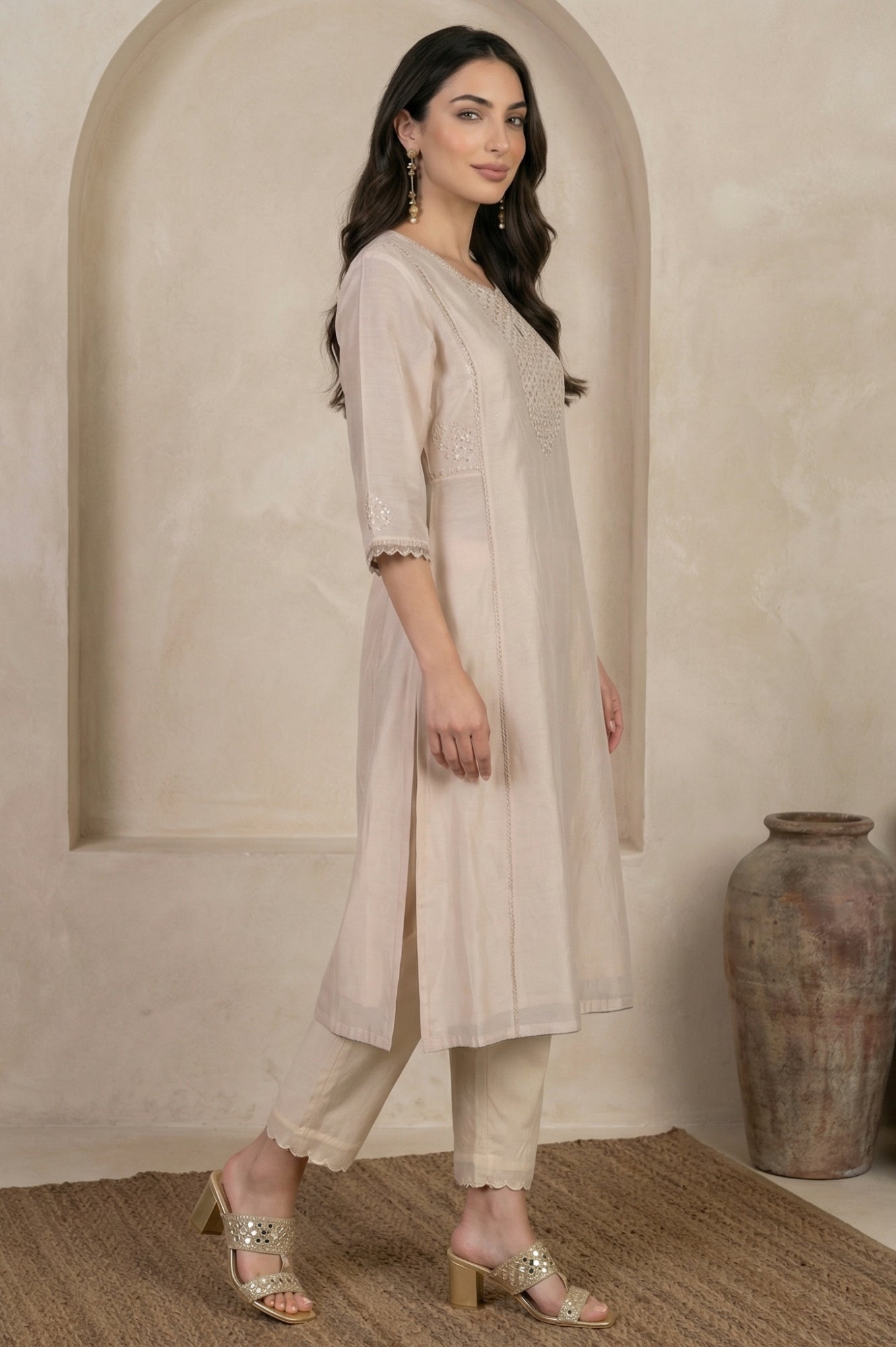 Beige Embroidered Chanderi Straight Kurta