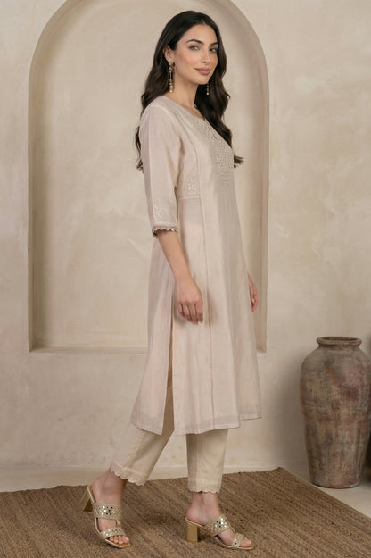 Beige Embroidered Chanderi Straight Kurta
