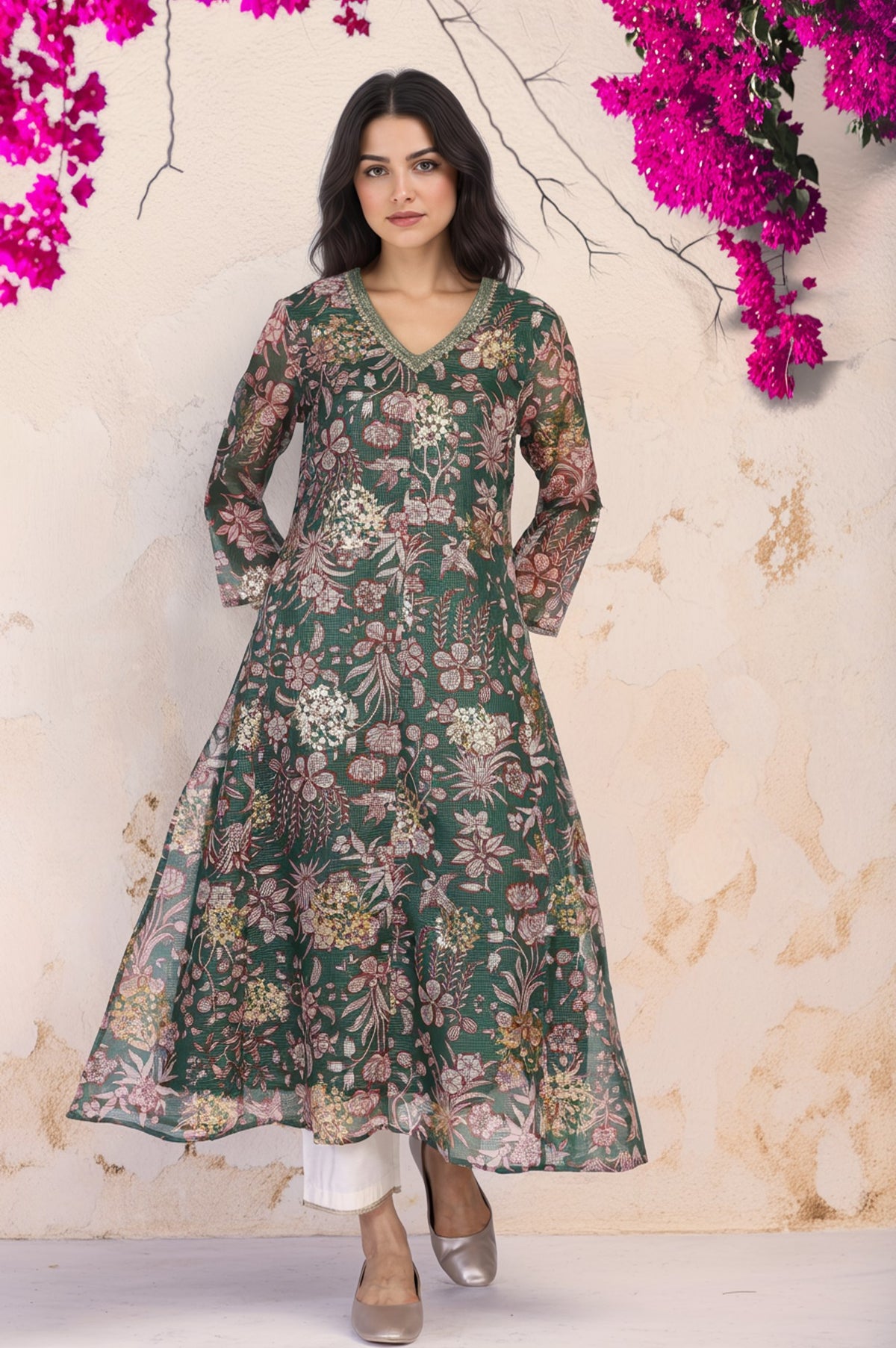 Green Floral Print Dori Embroidery Straight Kota Doria Kurta - S
