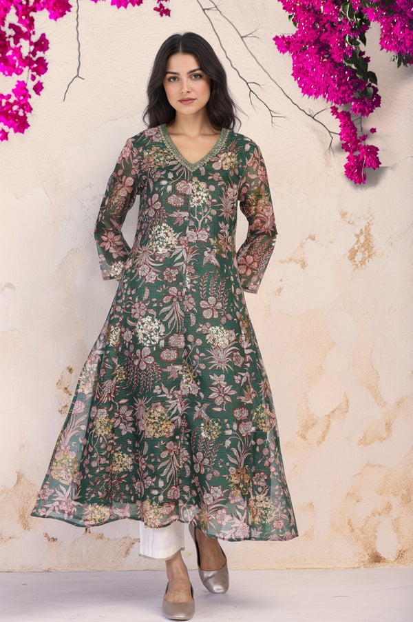 Green Floral Print Dori Embroidery Straight Kota Doria Kurta