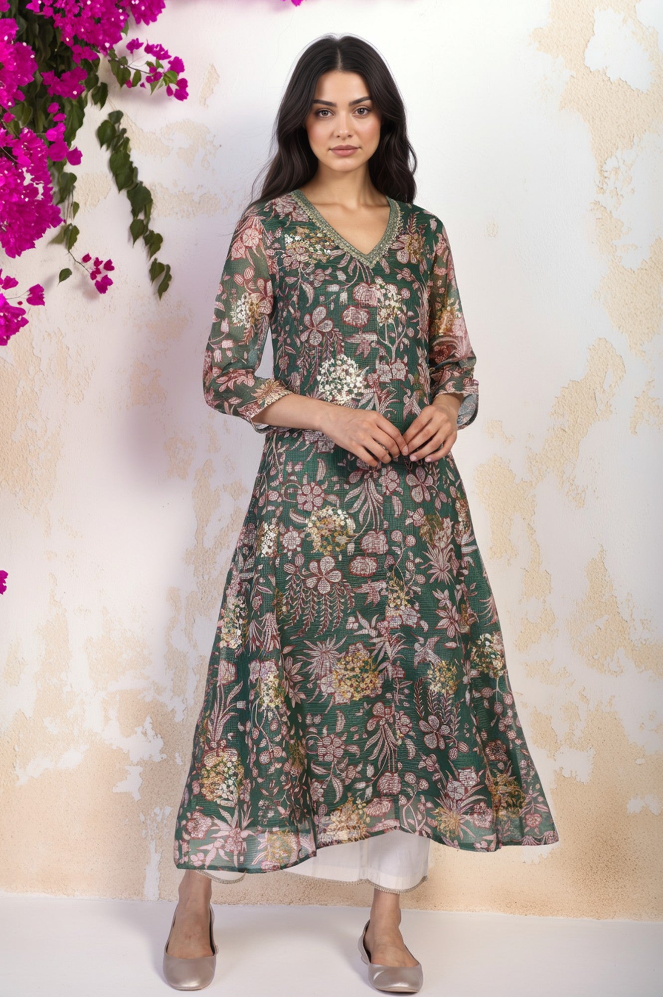 Green Floral Print Dori Embroidery Straight Kota Doria Kurta