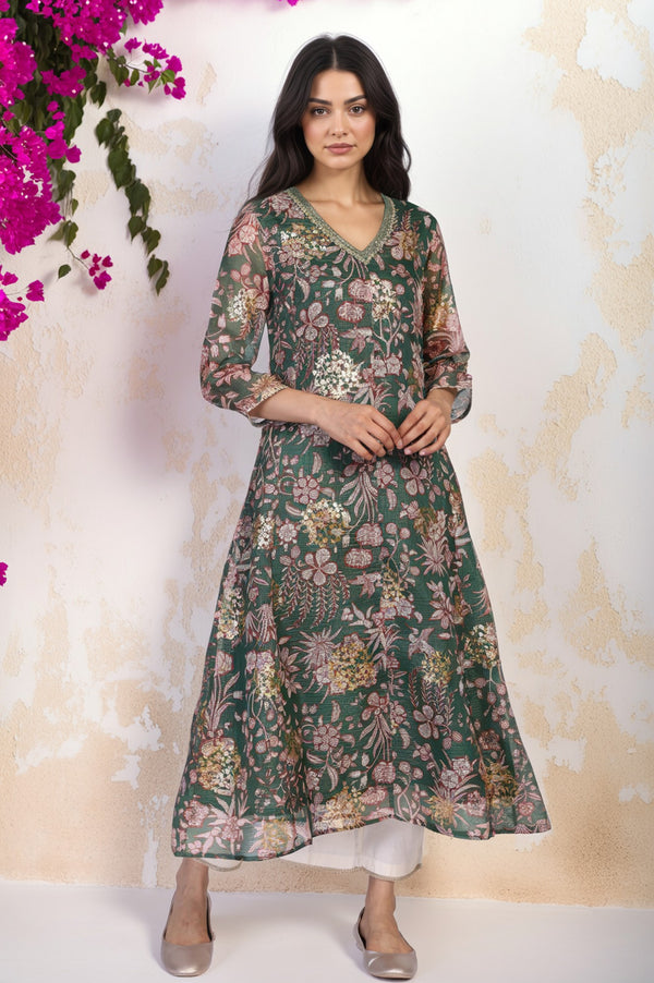 Green Floral Print Dori Embroidery Straight Kota Doria Kurta