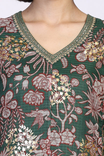 Green Floral Print Dori Embroidery Straight Kota Doria Kurta
